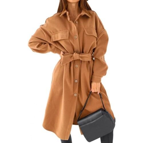 Women Oversize Coat Solid Color Single-breasted Autumn Winter Thick Lapel Belt Long Coat Overcoat for Office