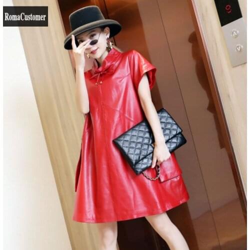 Dress Womens Solid 2021 Autumn New Sheepskin Turtleneck Genuine Leather Korean Pullover Short Sleeve Elegant A-Line Dress