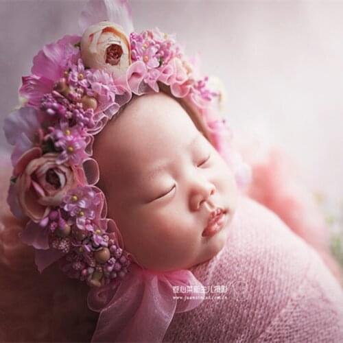Lovely Ruffle Lace Bonnet Baby Girl Flower Hat Handmade Newborn Photography Props Girls Floral Bonnet Pink Bonnet Photo Props