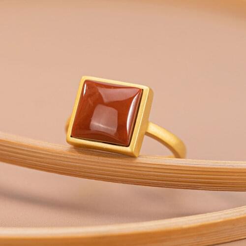 Silver inlaid South Red chalcedony adjustable ring Chinese style retro square minority design charm light luxury womens jewelry