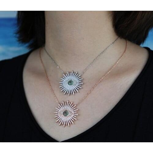 Sparking bling green black cz evil eye necklace geoemtric sun flower shaped pendant classic lucky turkish women jewelry