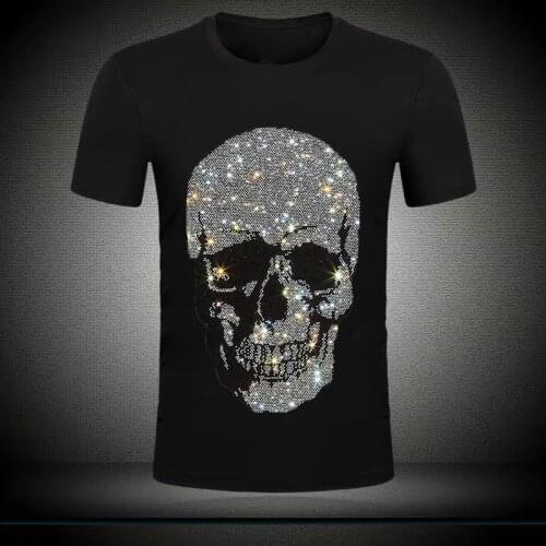 Spring And Summer New Mens t-Shirt Pure Cotton Round Neck Hot Diamond Heavy Craft Printing Breathable Casual Rhinesto Sweatshir