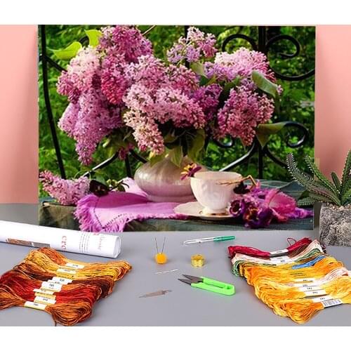 Flowers Purple Printed Water-Soluble Canvas 11CT Cross Stitch Full Kit Embroidery DMC Threads Needlework Sewing Promotions