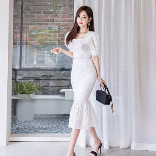 Summer Women Sexy Fishtail Skirt 2pc Set 2021 Squre Collar New Office Lady Puff Sleeve Shirt Top + Bodycon Mid-calf Skirt Suit