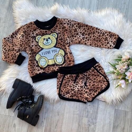 0-6Y Kids Girls Autumn Casual Outfit 2021 Baby Clothes Sets Bear Leoaprd Long Sleeve Pullover Sweatshirt Tops + Shorts Tracksuit