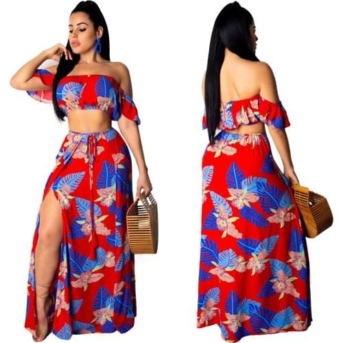 Red Strapless Short Sleeve Crop Top And Open Fork 2 Pieces Set Casual Lady Fashion Tracksuits High Street Outfits