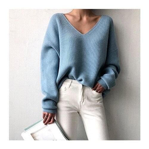 Women Sweater Spring Autumn Korean Office Lady Computer Knitted V-Neck Full Pullovers Loose Sweater Women Simple