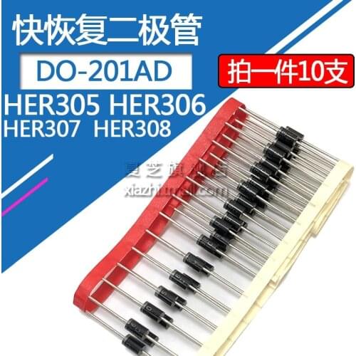 10pcs/lot HER308 fast recovery diode HER305 HER306 HER307 3A/1000V package DO-201AD