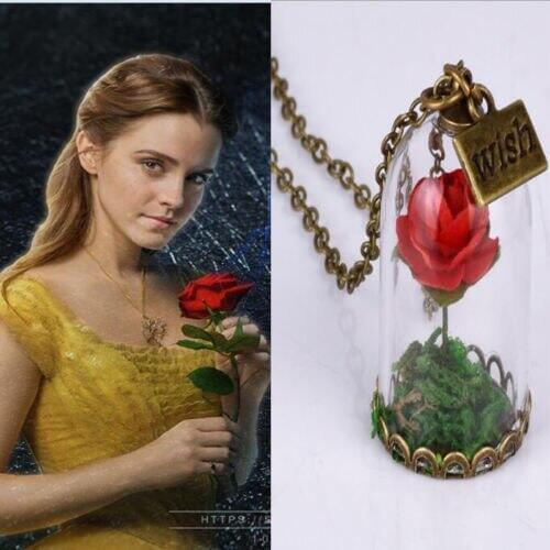 5pcs Newest Beauty and the Beast Bell Glass Necklace Rose Vial Flower Dome Cute Gift (finished necklace)