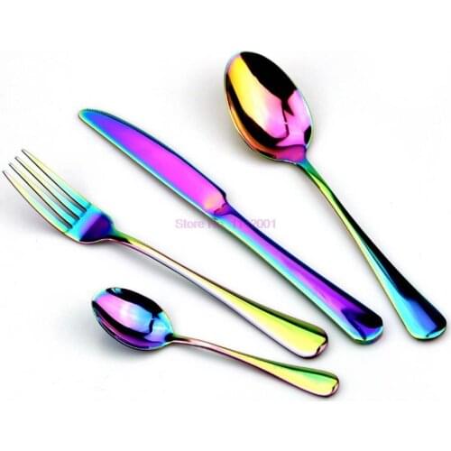 50set 4pcs/set Dinnerware set Stainless steel Colorful Rainbow Gold Knife Fork Teaspoon Dishwasher Safe Silverware Set Cutlery