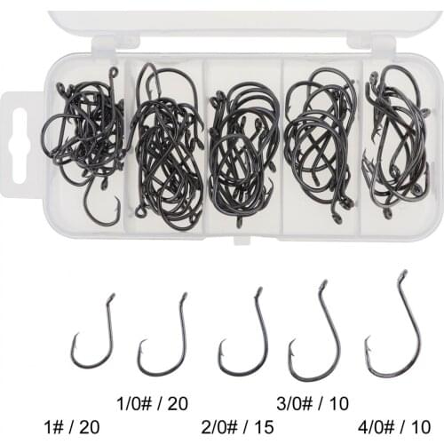 75pcs/lot Mixed Size 1# - 5# High Carbon Steel Fishing Hook Sets Black Nickel with Lure Plastic Box