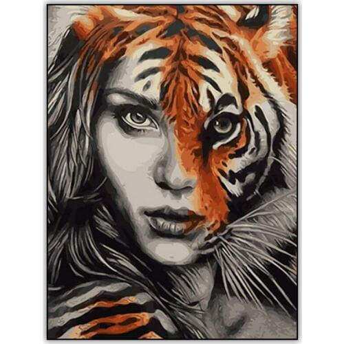 Abstract 5d DIY Diamond Painting Wall Art Tiger and Woman Full Drill Square Diamond Mosaic Paintings Embroidery Cross Stitch Kit