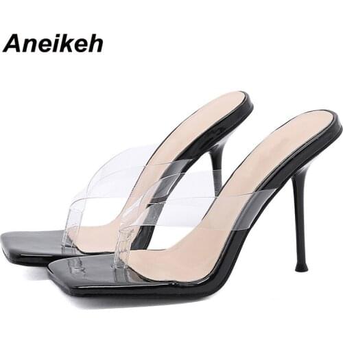 Aneikeh 2021 Fashion PVC Head Peep Toe Shallow Women Summer Shoe Sexy High Heels Flip Flops Outside Slippers Solid Concise 35-42