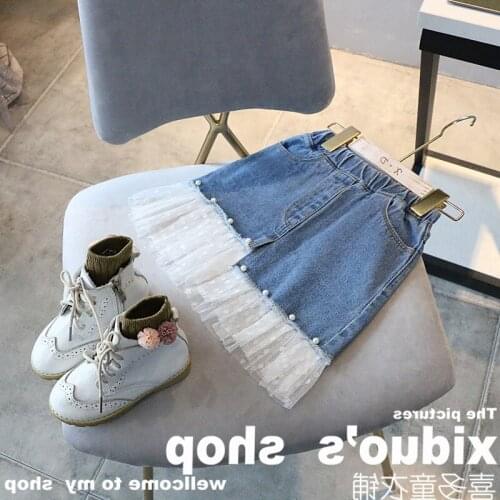 Toddler Kids Denim Skirts 2021 New Korean Baby Girls Lace Splicing Jeans Skirt Childrens Fashion Skirts Summer Girls Clothing