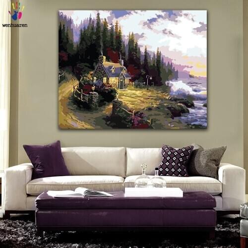 DIY colorings pictures by numbers with colors Mountain hut in the forest picture drawing painting by numbers framed Home