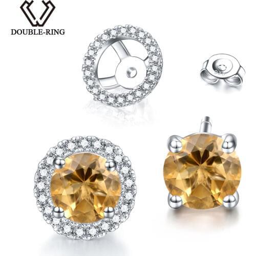 DOUBLE-R Double Use Natural Citrine Gemstone 925 Sterling Silver Stud Earrings For Women