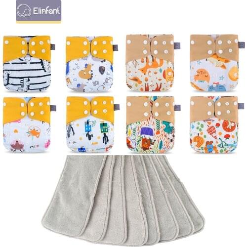 Elinfant 8 Pcs/2 Set Baby Pocket Cloth Diaper Waterproof Breathable with Coffee Fleece Insert Adjustable The Size Fit 3 - 15kg