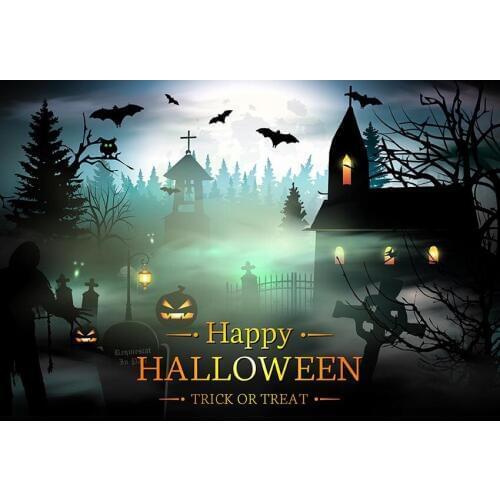 Halloween Theme Photography Background Cemetery And House In The Foggy Green Pine And Black Bats Backdrop For Classroom Decor
