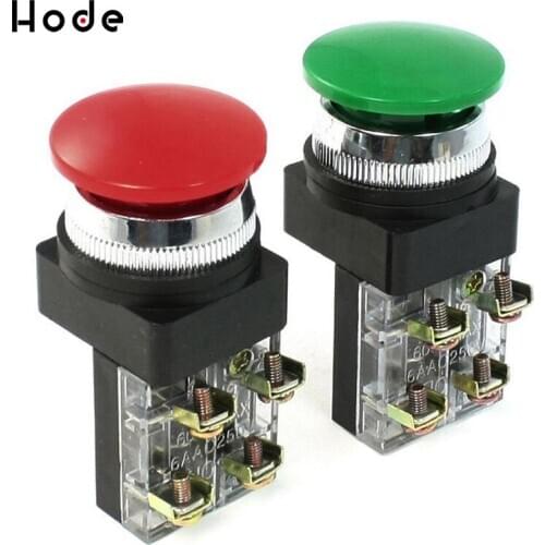 2PCS Red Green AC 250V 6A DPST NO NC 4Pins Mushroom Head Momentary Push Button Switch