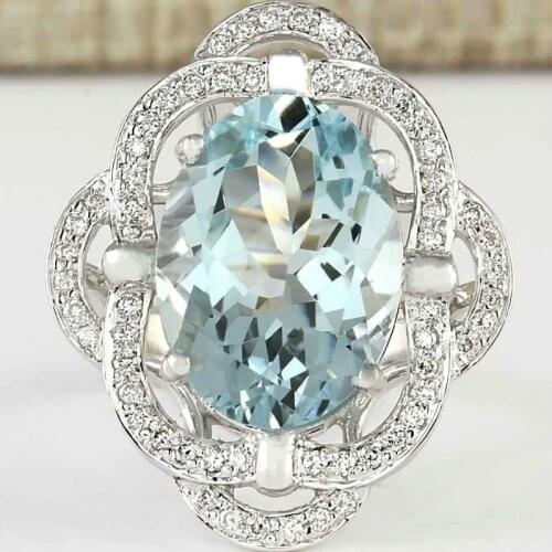 Luxury Women Light Blue Oval Cut Zircon Rings for Wedding Engagement Promise Bridal Set Jewelry