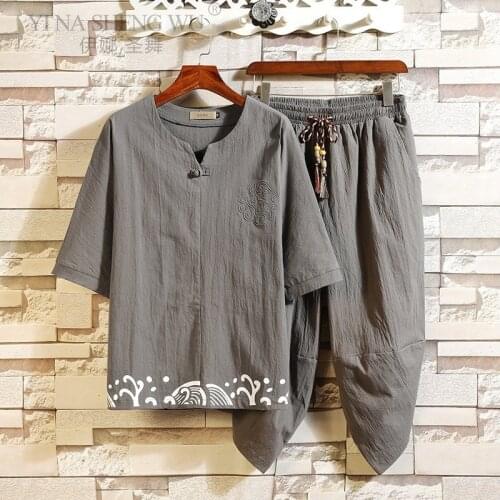 Summer Japanese Style Clothing Set Samurai Man T-shirt Trousers Breathable Chinese Suit Kimono Top Cropped Pants Outfit Harajuku