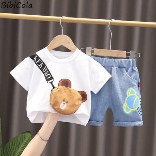 Boys Clothing Sets Baby Newborn Clothes Suit Bear Pocket Round Neck Shirt +Denim Shorts 2pcs Clothes For Boys Summer Set