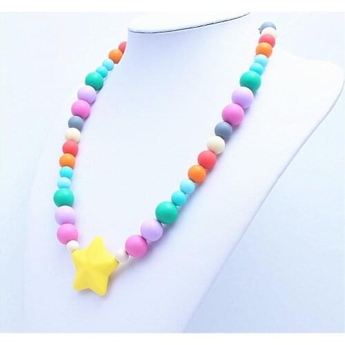 MHS.SUN WOW beautiful chewable silicone beads necklaces infant baby nursing teethers jewelry star long necklace rainbow color