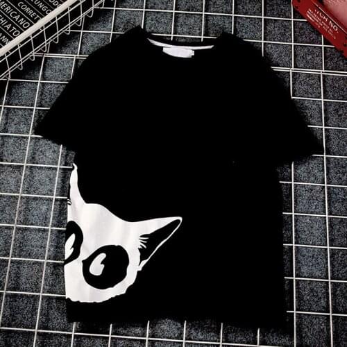 Summer 2021 New Youthful Vitality Cute Cat Print Tee Shirts Hand-Painted Novelty Clothes Preppy Style Personality Men Streetwear