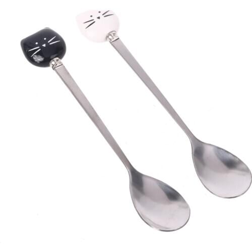 Stainless steel cute cat coffee spoon fruit fork dessert spoon candy teaspoon cat drinking kitchen accessories