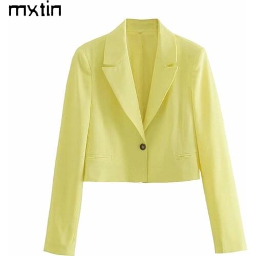 MXTIN 2021 Women Spring Vintage Single Button Yellow Short Blazers Coat Fashion Pockets Long Sleeve Outerwear Casual Chic Coat