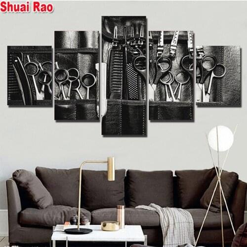 5 Pieces Hairdressing Tools Scissors 5D DIY Full Drill Diamond Painting Multi-Picture Cross Stitch Embroidery Kit Home Decor