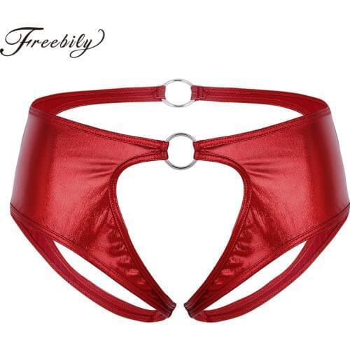 Women Lingerie Femme Soft Faux Leather Crotchless Jockstrap Low Rise Briefs Underwear Good stretchy Sexy Panties with O-Rings