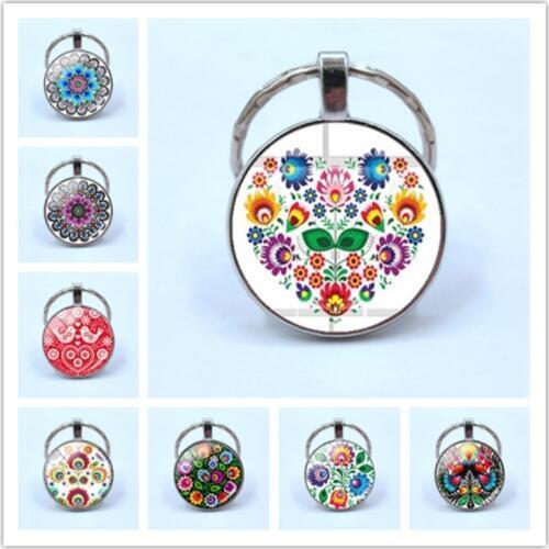 2019 New Polish Folk Art Patterns Flowers Keychain Double Side Glass Cabochon Photo Keychain Craft Jewelry
