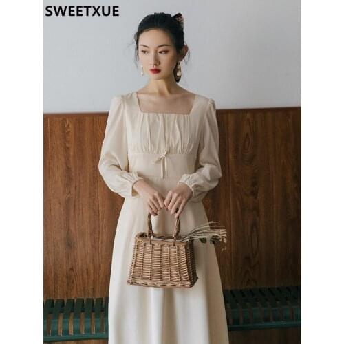 SWEETXUE Spring Womens 2021 French Retro Square Neck Puff Sleeve High Waist Midi Dress Temperament Fairy Comfortable Elegant