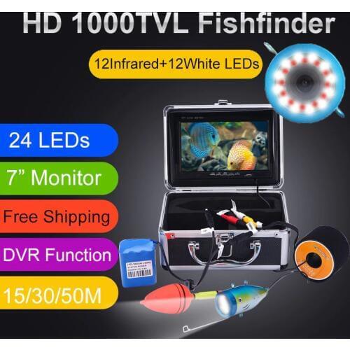 Fish Finder 15/30/50M DVR HD 1000TVL Underwater Hunting Video Fishing Camera for fishing 7"Monitor 12pcs IR + 12pcs White LED