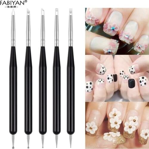 5Pcs Silicone Nail Brush Carving Dotting Pen Emboss Hollow Pottery Sculpture DIY Tool Double-ended Set
