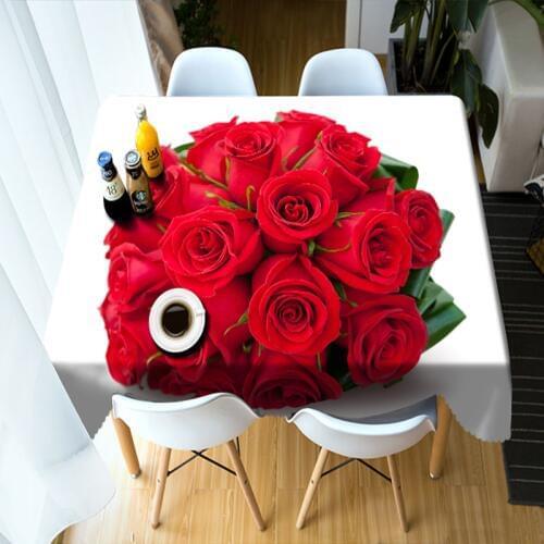 Wedding Decoration 3d Tablecloth Beautiful Red Rose Flowers Pattern Washable Polyester Cotton Rectangular&Round Table cloth