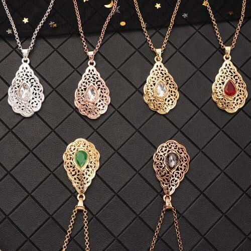 Golden Moroccan Classic Wedding Necklace Drop Shape Crystal Pendant