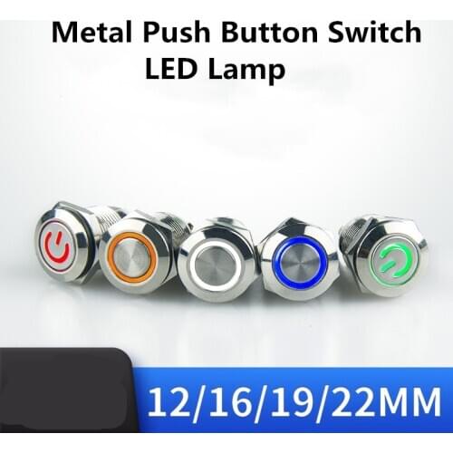 12/16/19/22mm Waterproof Metal Push Button Switch LED Light Momentary Latching Car Engine Power Switch 5V 12V 24V 220V Red Blue