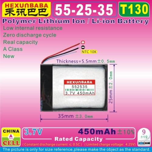 5pcs [T130] 3.7V 500mAh [552535] NTC; THREE 3 WIRE;Polymer lithium ion / Li-ion battery for EARPHONE,HEADSET,PA-BT09