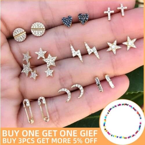9 pcs/set Kawaii Small Crystal Stud Earrings for Women New Stars Moon Heart Lightning Zircon Alloy Earring Set Jewelry