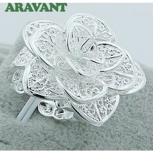 925 Silver Jewelry Flowers Open Adjustable Finger Rings For Women Fashion Jewelry