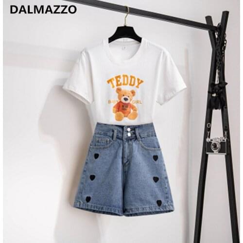 DALMAZZO 2021 New Summer 2 Pieces Set for Women Students Fashion Short Sleeve Print T Shirt Tops + Wide-Leg Denim Shorts Suits