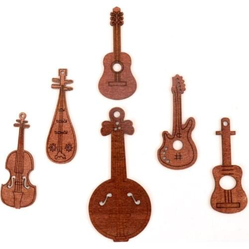 Mix Musical instrument guitar violin Wood Ornaments Handmade Wooden Crafts Accessory Home Decoration DIY 58-80mm 24pcs