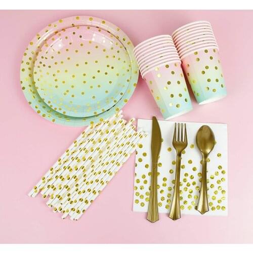 Rainbow Gradient Disposable Tableware Bronzing Dot Paper Plate Cup Napkin Wedding Birthday Decoration Party Tableware Supplies 8