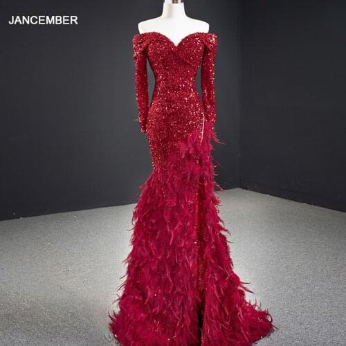 J67125 JANCEMBER Mermaid Formal Dress 2021 New Boat Neck Long Sleeve Feather Court Train Shining Sequins Sexy Split