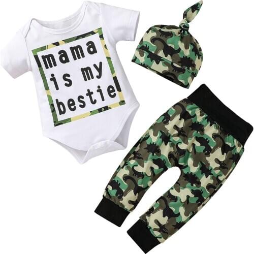 Lioraitiin 0-18M Infant Baby Boy Clothing Set Short Sleeve Letter Mama Printed Romper Camou Pant Hat 3Pcs Clothes