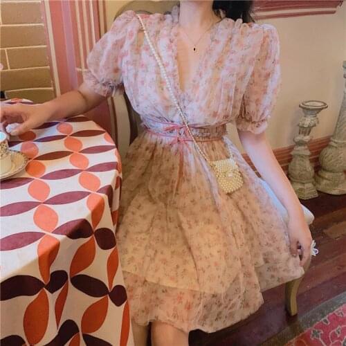 Summer Floral Print Dress Women Sweet Cute Princess Lace-up Ruffles V-neck Fairy Dress Gentle Casual Holiday Kawaii Dress 2021