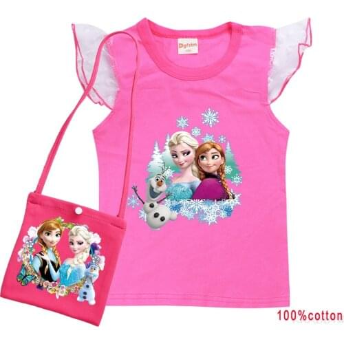 Disney Frozen Elsa girls cotton short-sleeved T-shirt +bag girls flying sleeves cotton top Childr summer fashion Casual clothing