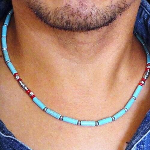 Mens Necklace, Handcrafted with Blue Magnesite, Black Onyx, and Turquoise Gemstone Beads, Necklace